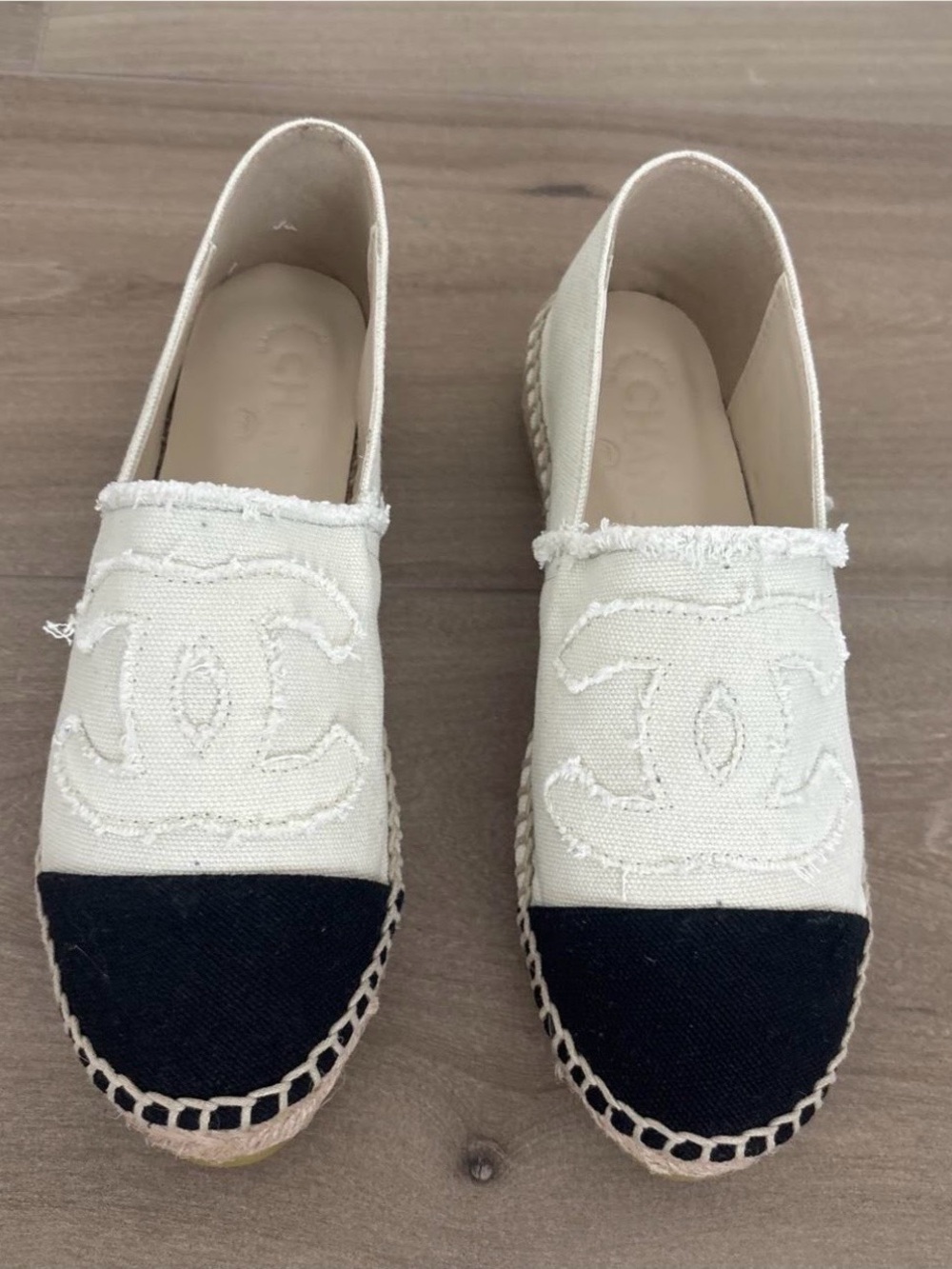 Cream and Black Canvas Espadrille Flats